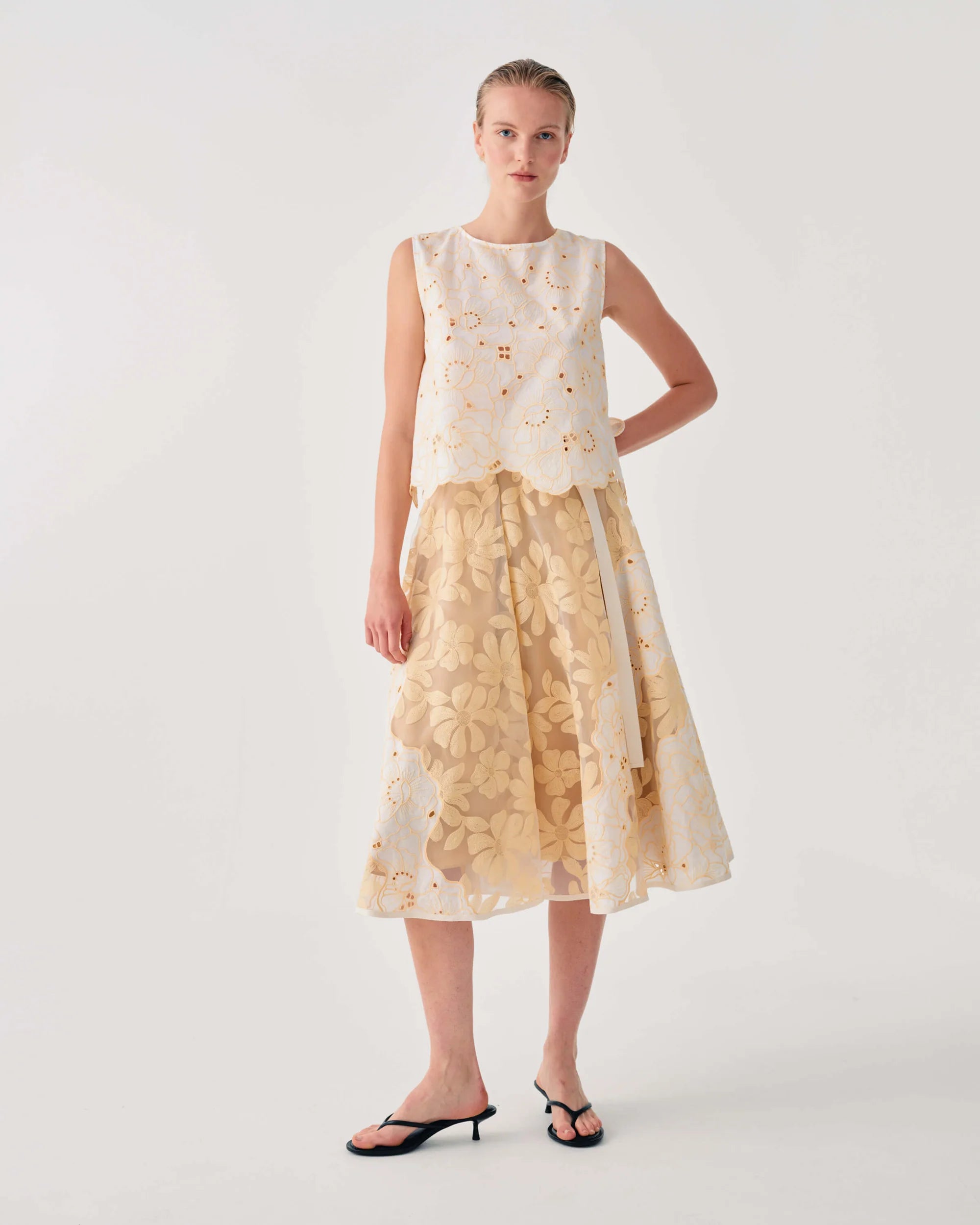 Embroidered Organza Midi Skirt