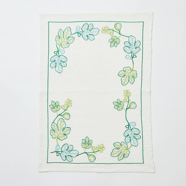 Fig Green Embroidered Tea Towel