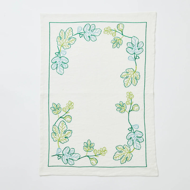 Fig Green Embroidered Tea Towel